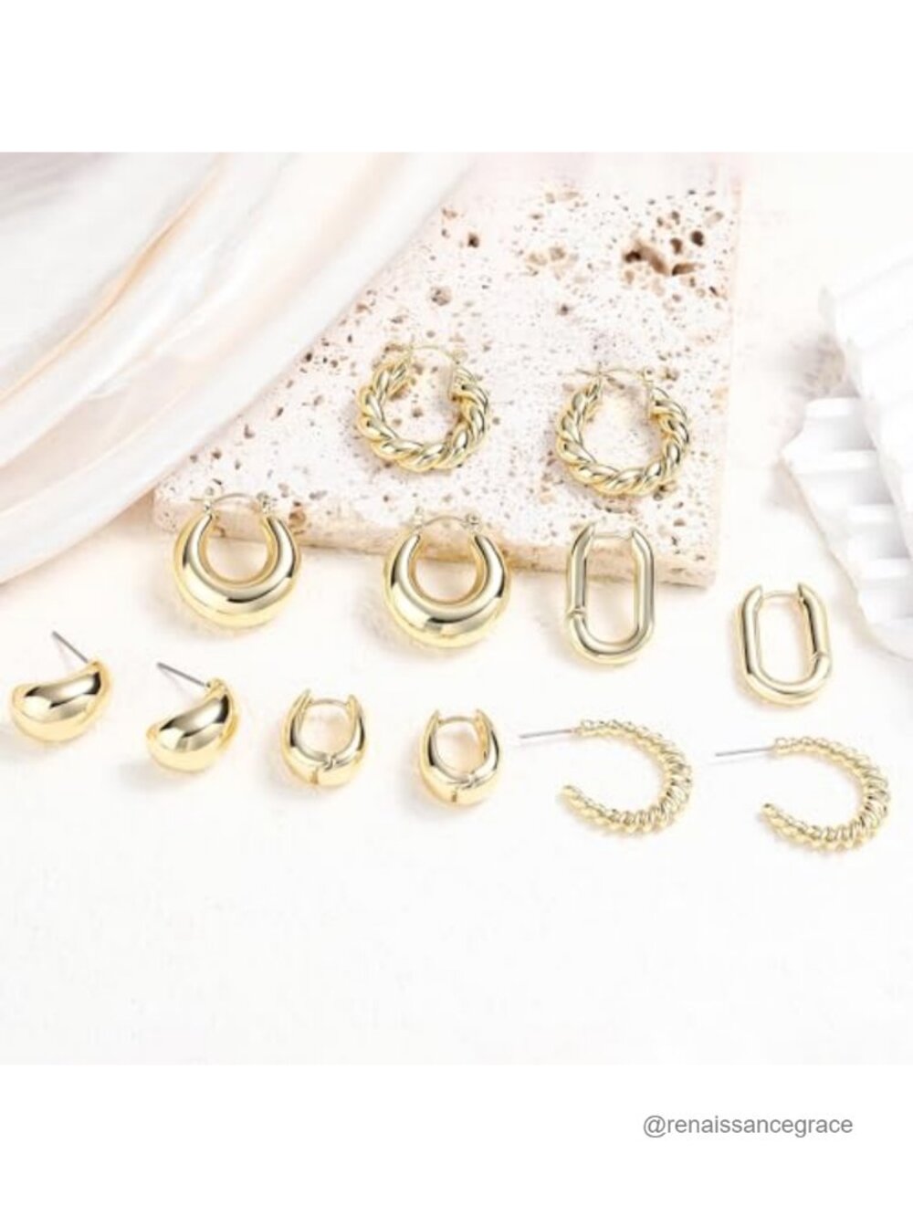 6 Pairs 14K Gold Plated Hoop Earrings Lightweight Chunky Hypoallergenic